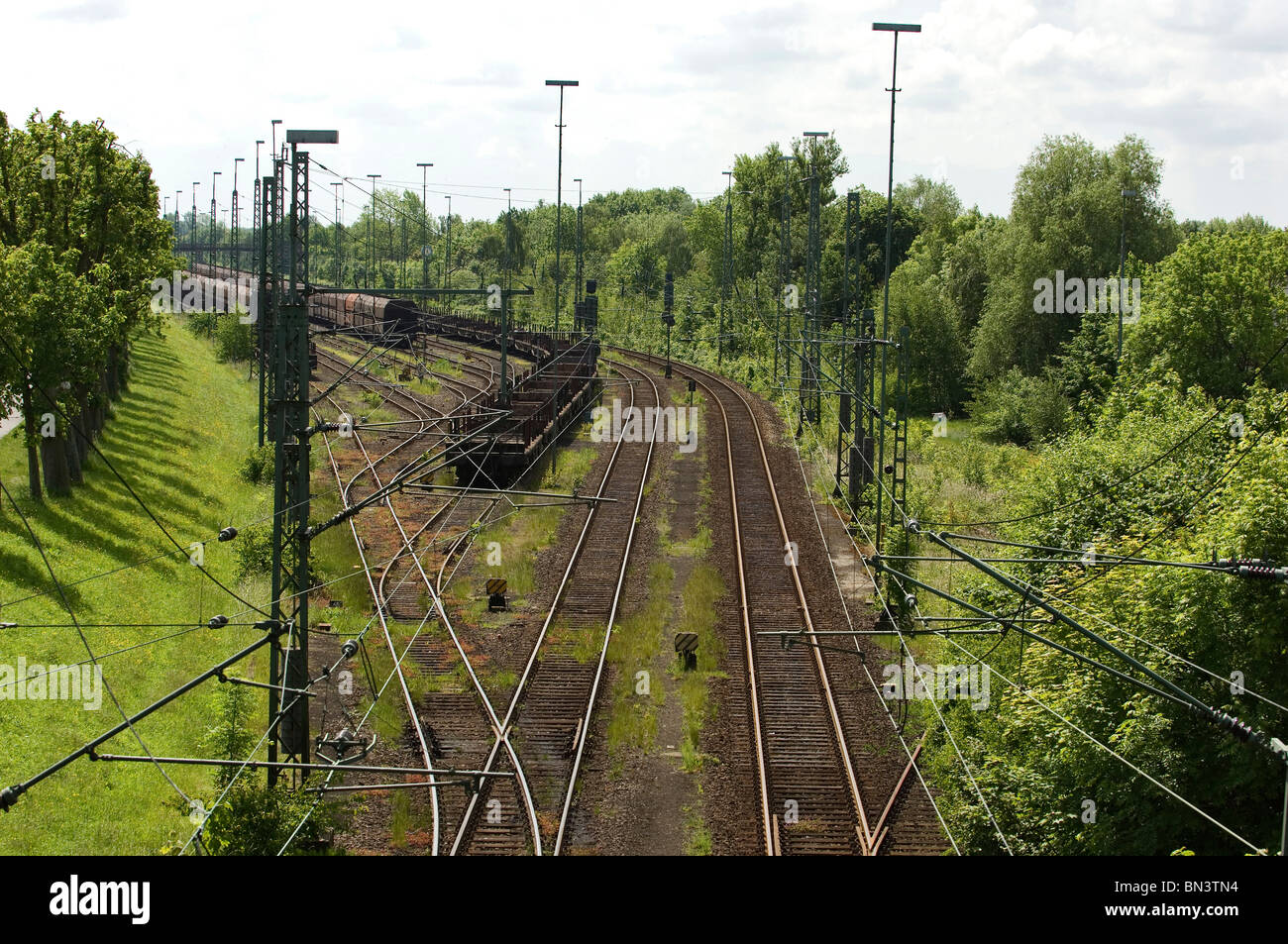 High angle view of freight trains on tracks Stock Photo