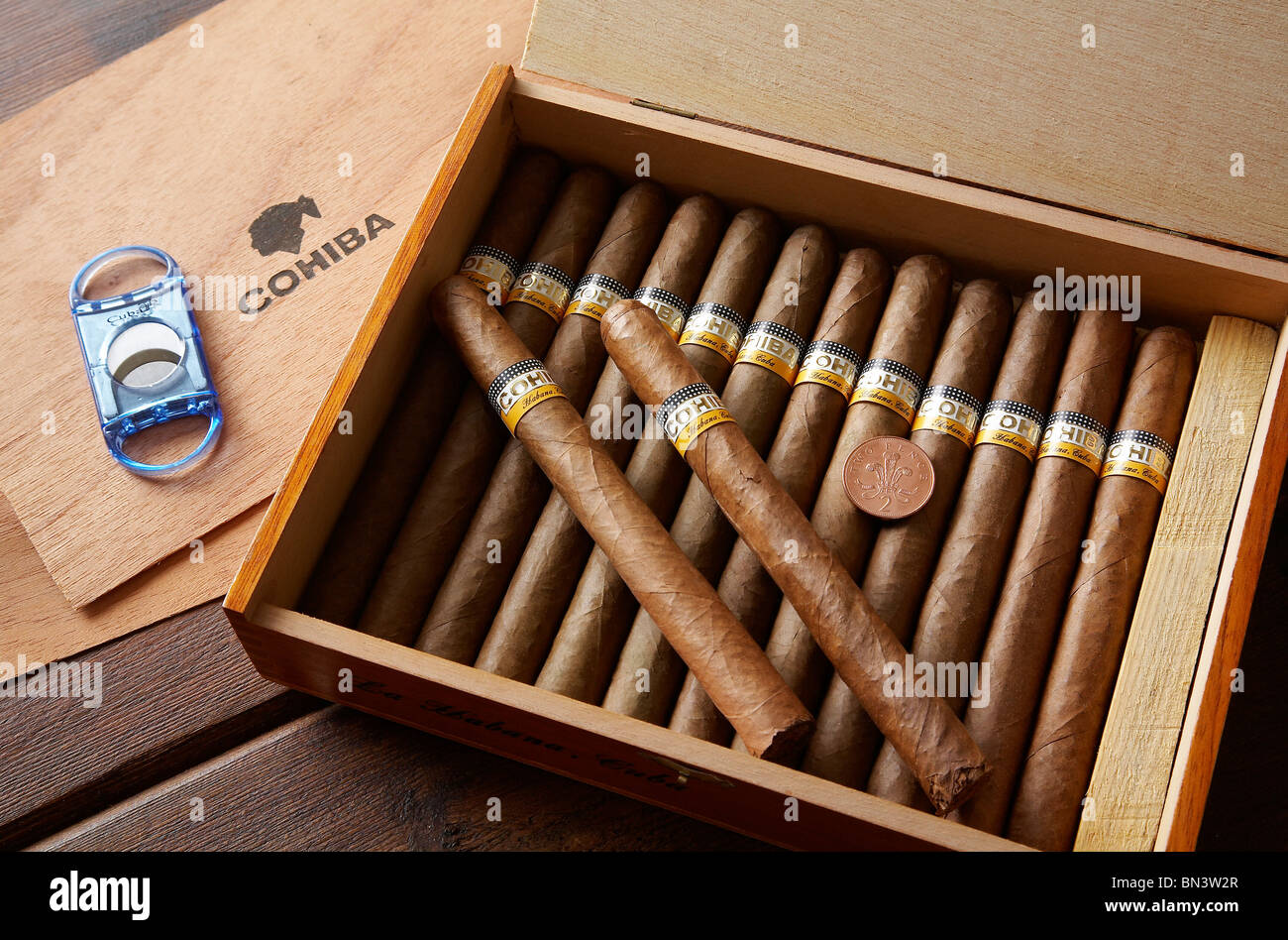 A box of large cohiba Cuban cigars. Stock Photo