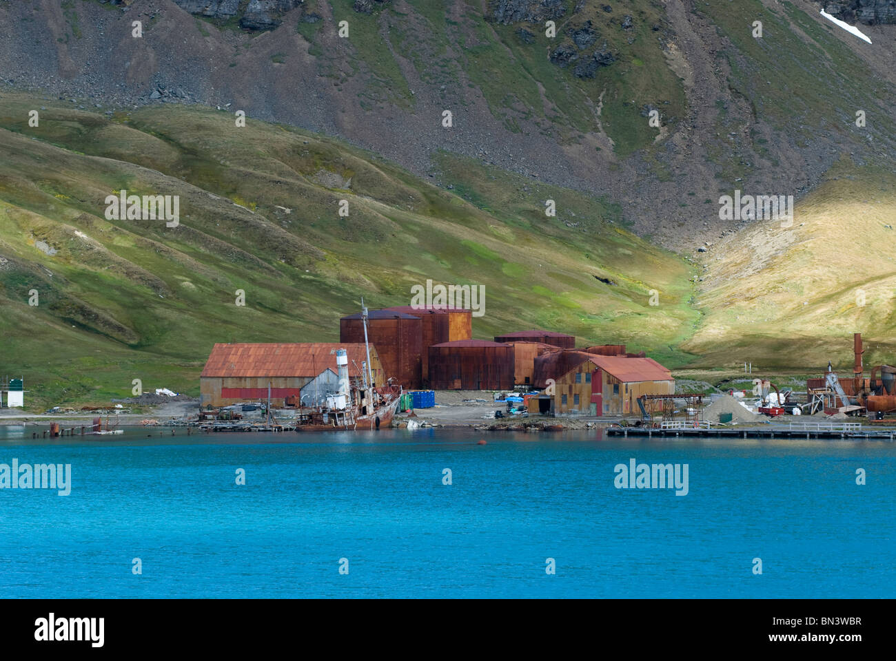 Grytviken, a former whaling station, view from boat, South Georgia Stock Photo