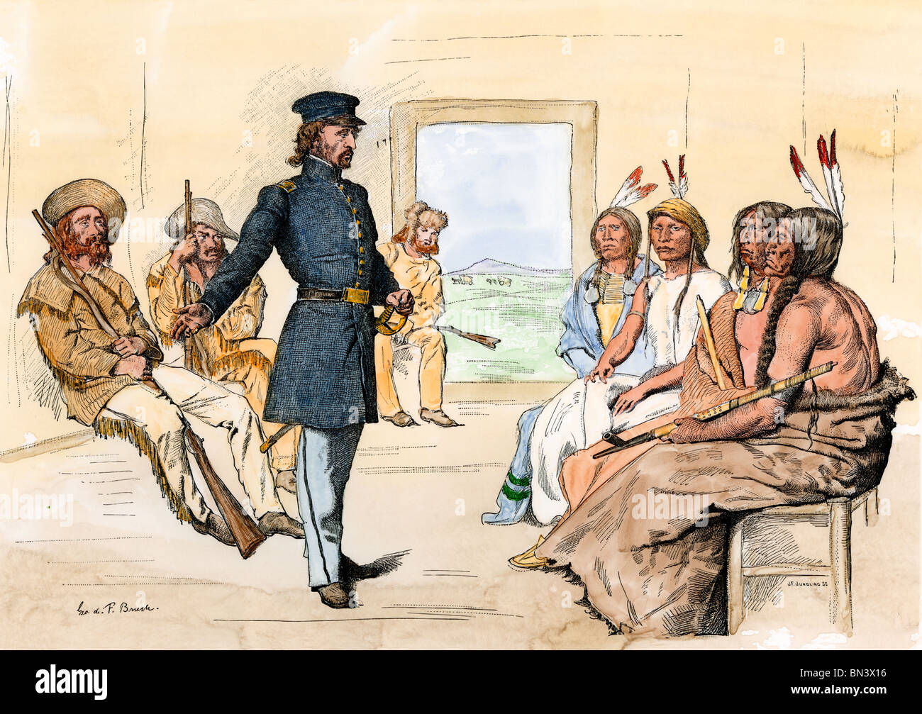 John C. Fremont meeting with Native Americans at Fort Laramie, 1840. Hand-colored woodcut Stock Photo