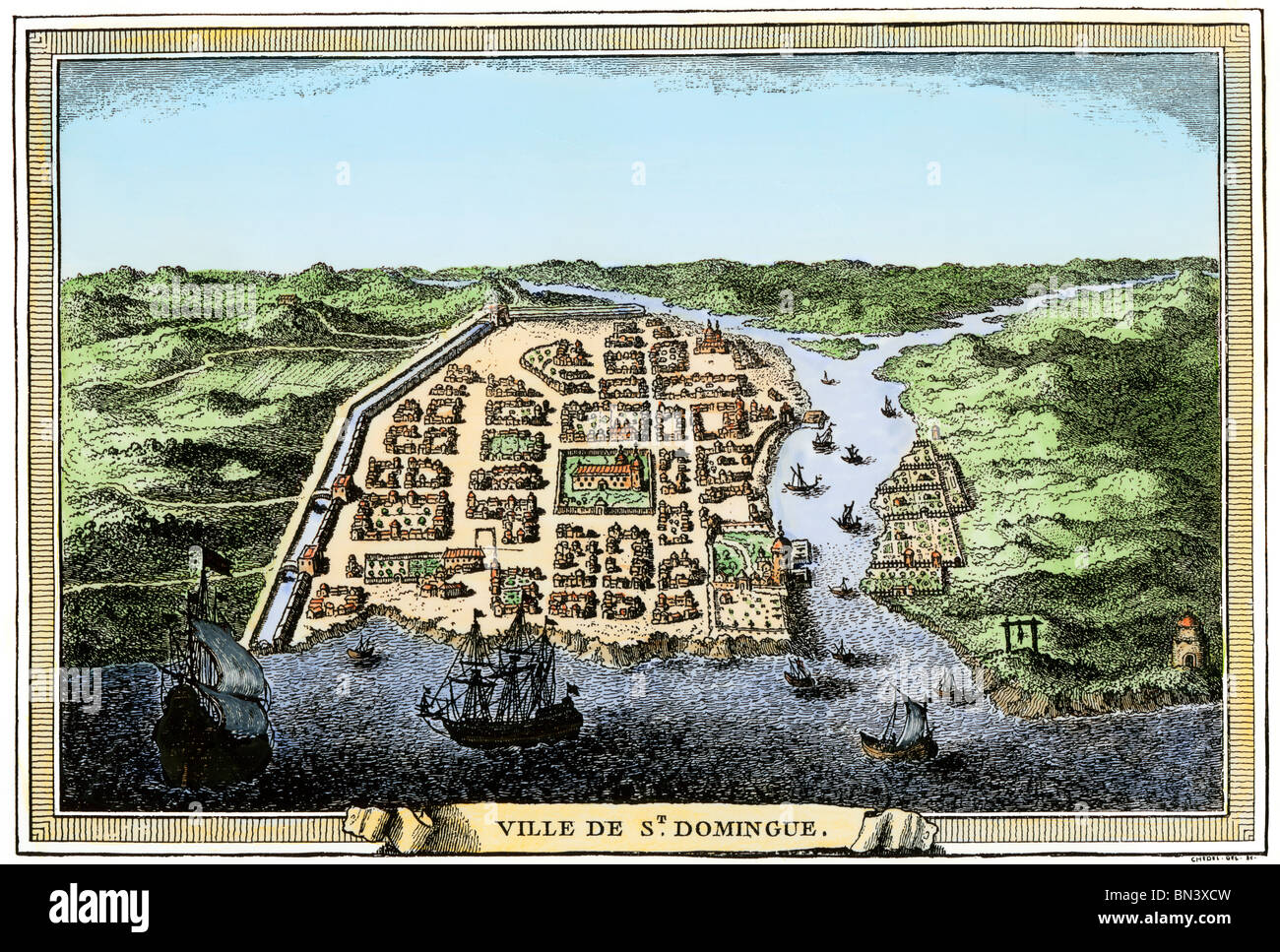 Busy port of Santo Domingo on Hispaniola, early 1700s. Hand-colored woodcut Stock Photo