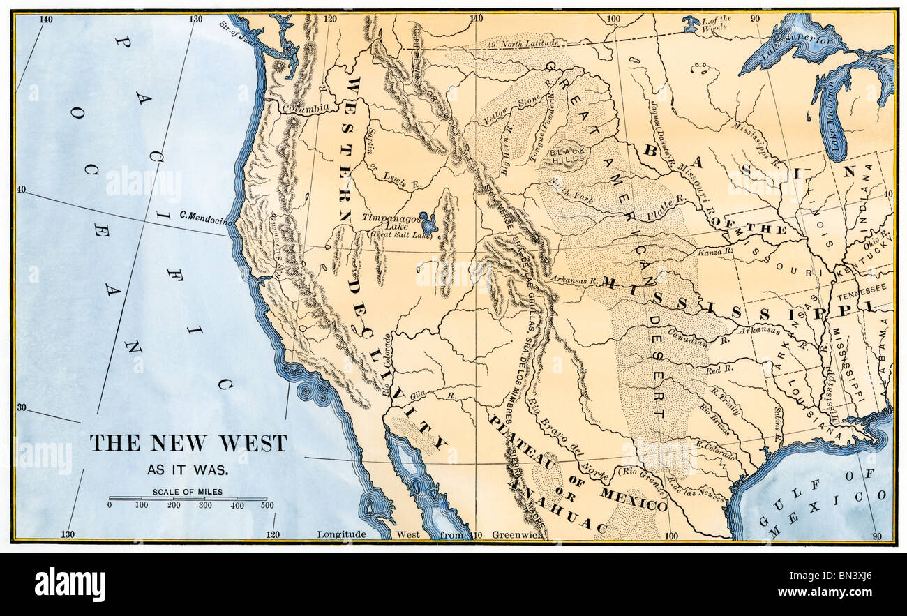 Map of the western frontier in the United States, 1800s. Hand-colored  woodcut Stock Photo - Alamy