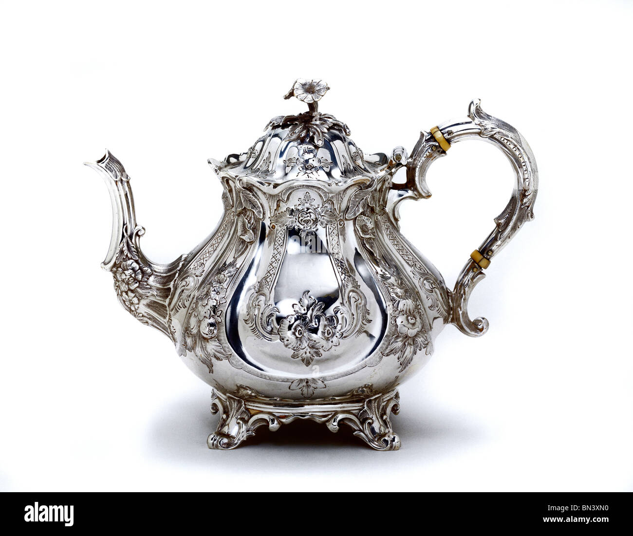 Teapot, by Martin Hall & Co. Silver, ivory handle. England, 1857. Stock Photo