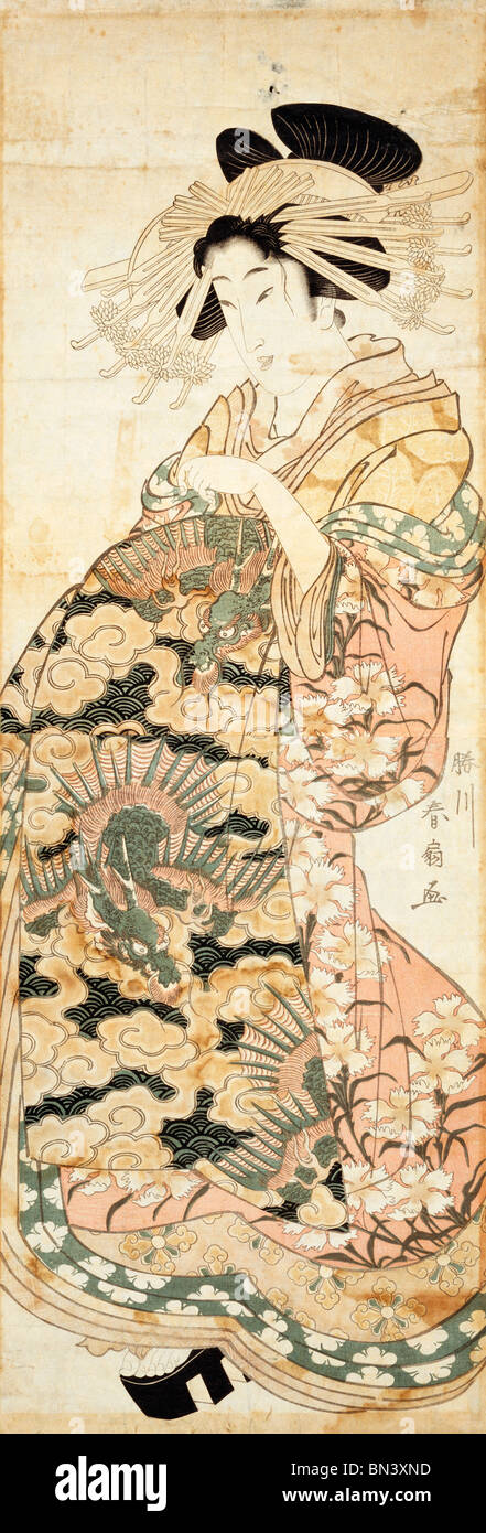Courtesan Wearing Dragon Pattern Kimono, by Katsukawa Shunsen. Japan, 18th-19th century Stock Photo