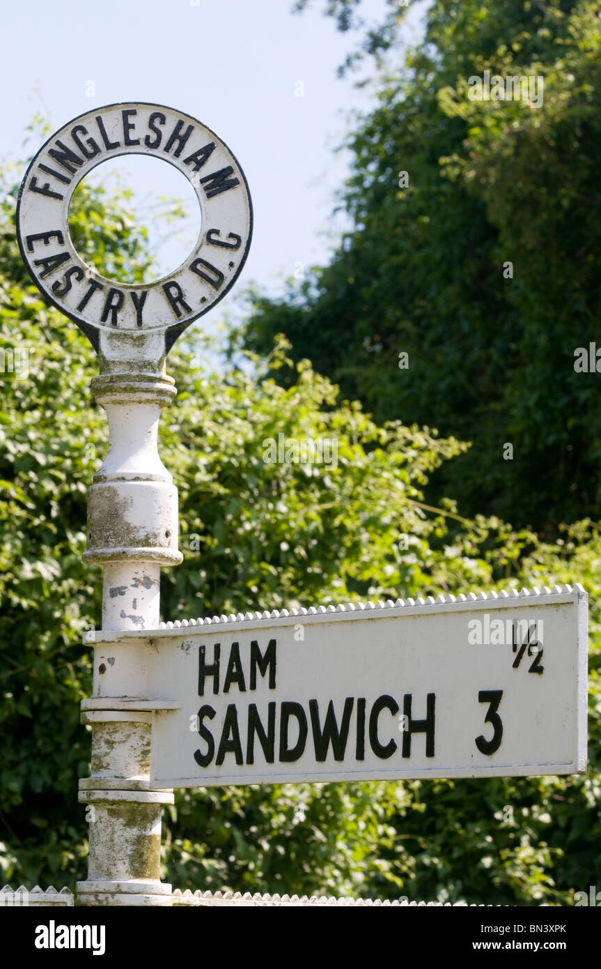 road sign kent for the village of Ham and town of Sandwich kent england