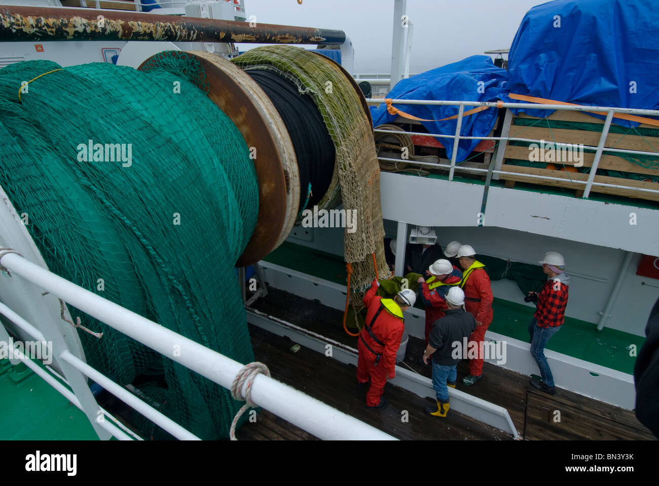 Krill trawling activities on the G.O.Sars, a research vessel, Antarctica Stock Photo