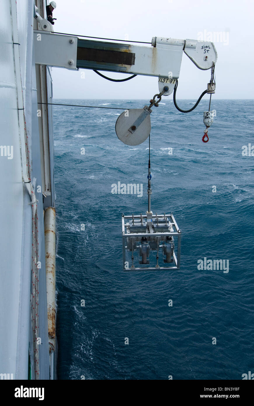 Core sampler lifted from sea, South Atlantic Ocean Stock Photo