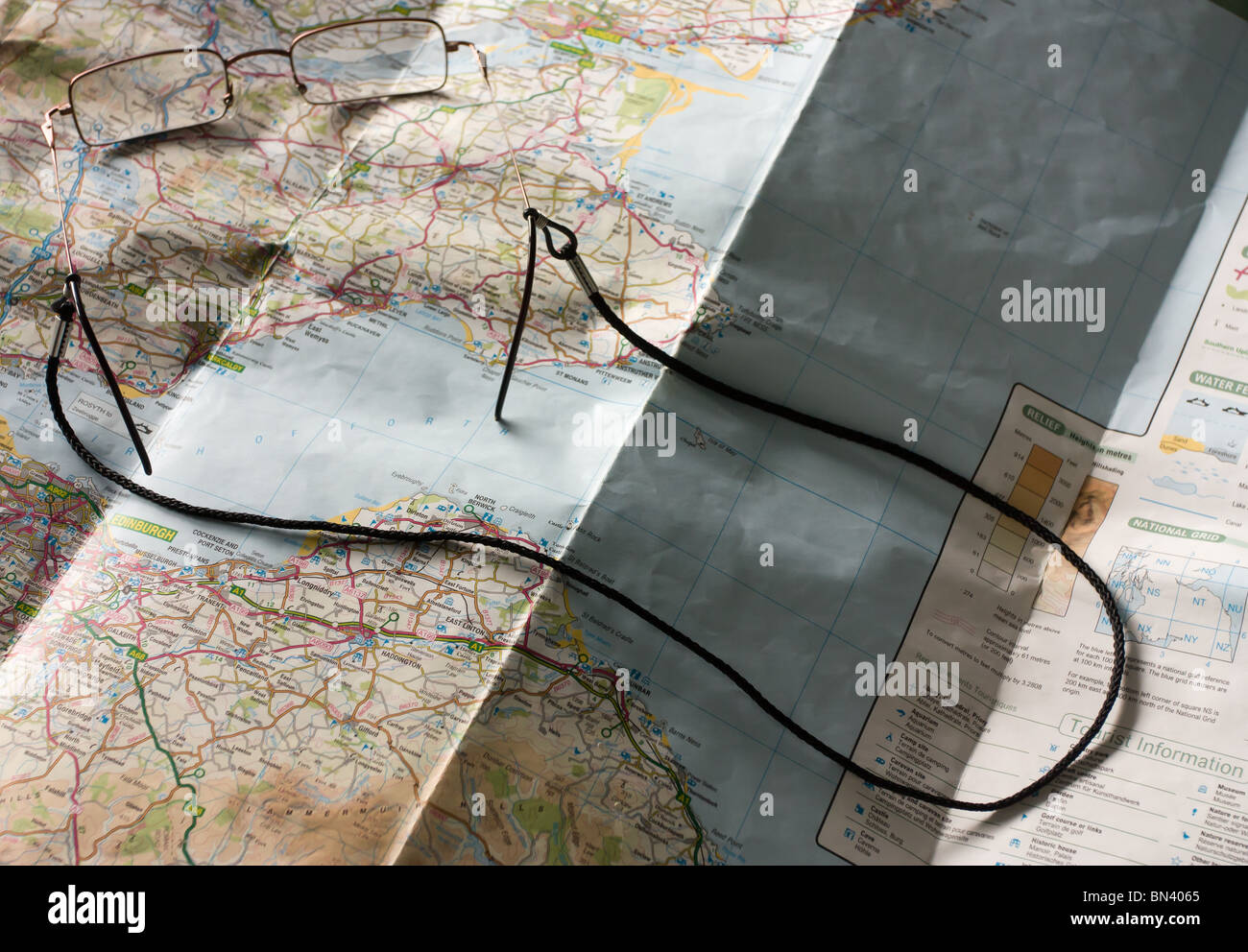 Route planning map of scotland with spectacles concept. Stock Photo