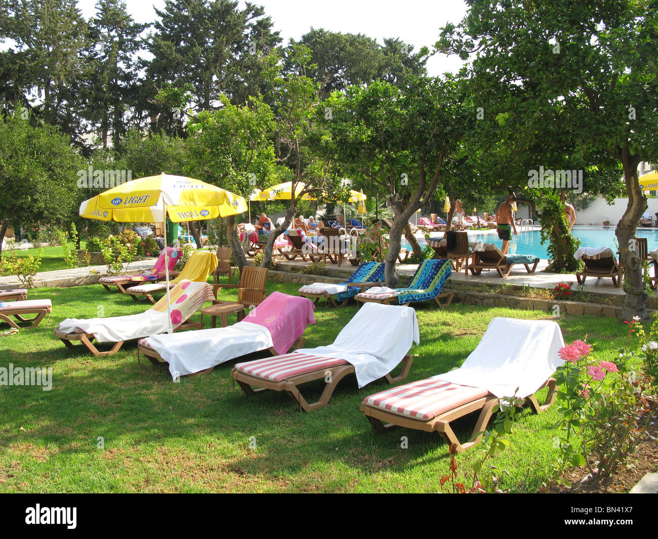 NORTH CYPRUS. Selfishly 'reserved' sunloungers at a hotel in Kyrenia. 2009. Stock Photo