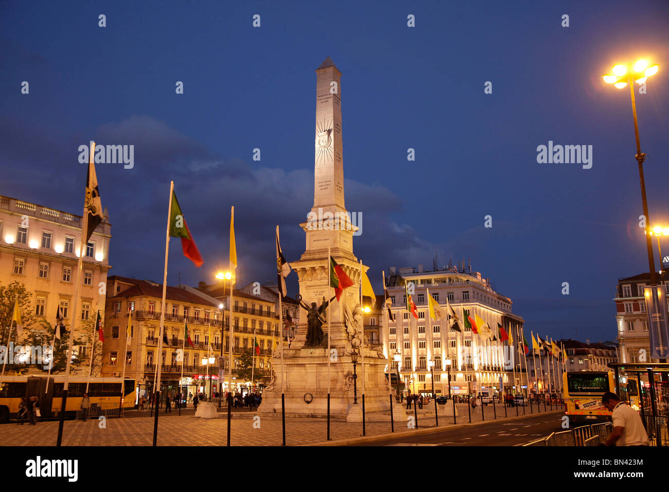 Obelisk on the square Praca dos Restauradores in Lisbon at night, Portugal, Europe Stock Photo
