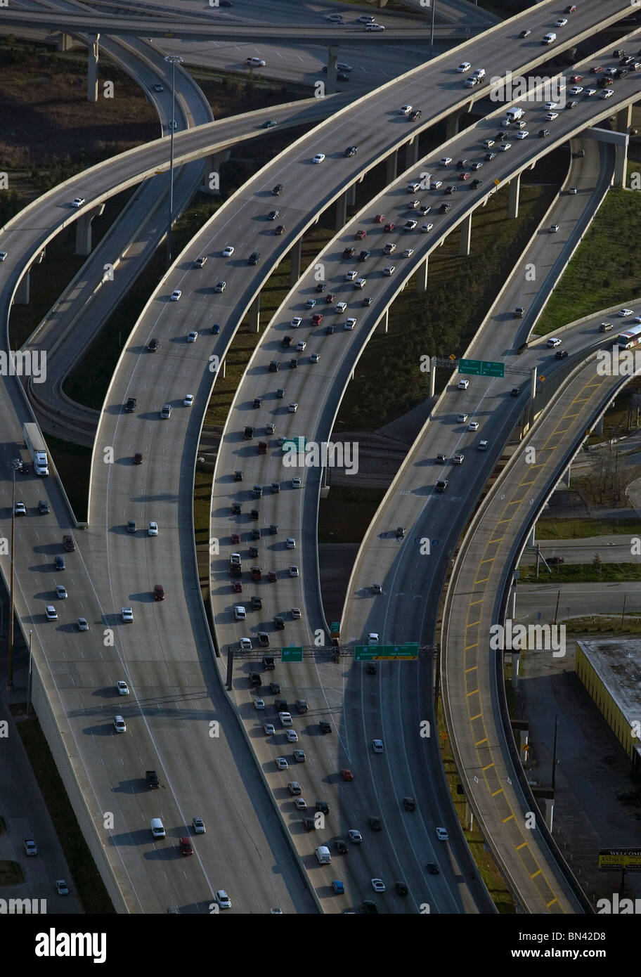 aerial view above heavy commuter automobile trafffic freeway Houston Texas Stock Photo