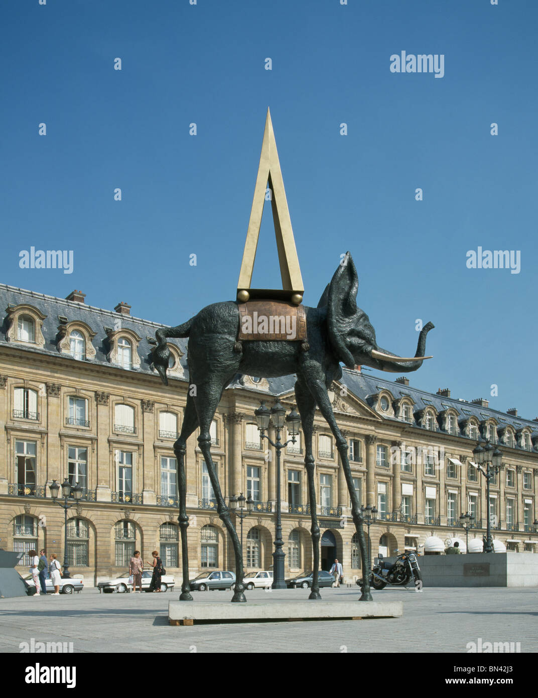 Space Elephant. 1980 Surrealist bronze, 7 metre high , by Salvador Dali. Exhibition in Place Vendome Paris, France. July 1995. Stock Photo