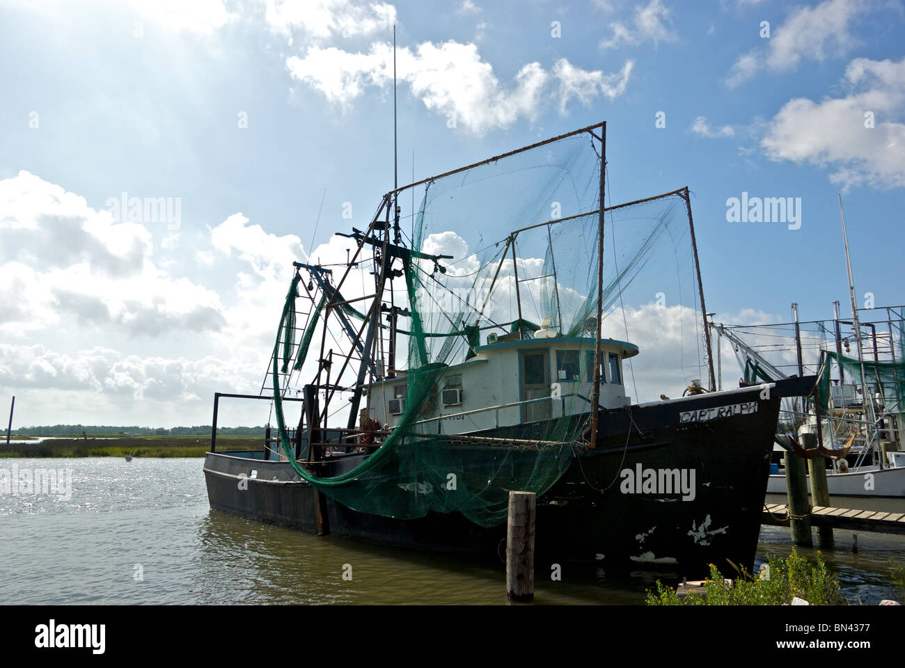 Shrimp trawler boats tied to dock at Hackberry Seafood docks Cameron Parish  LA Stock Photo - Alamy