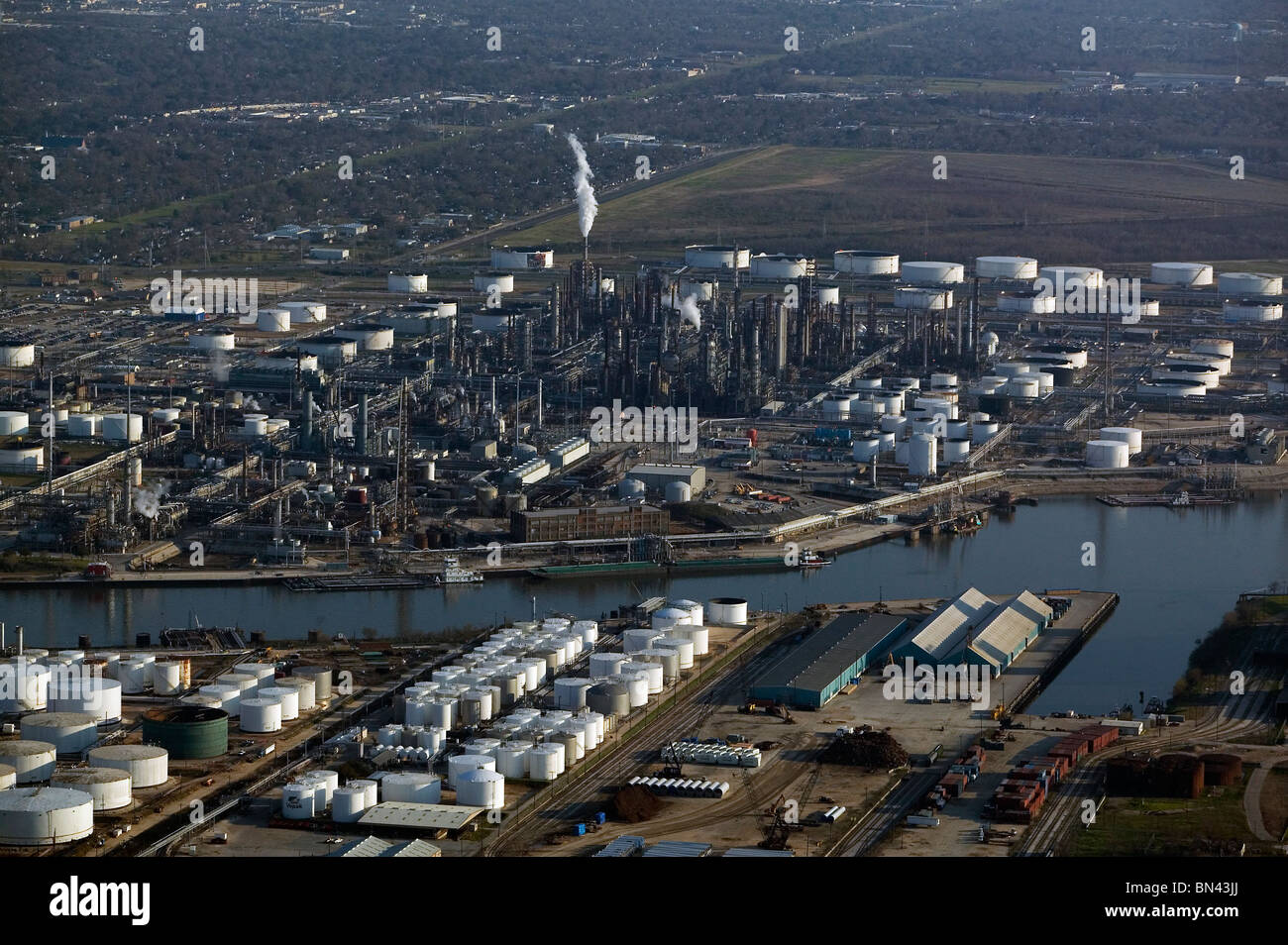 aerial view above refineries along the Houston Ship Channel Texas Stock Photo