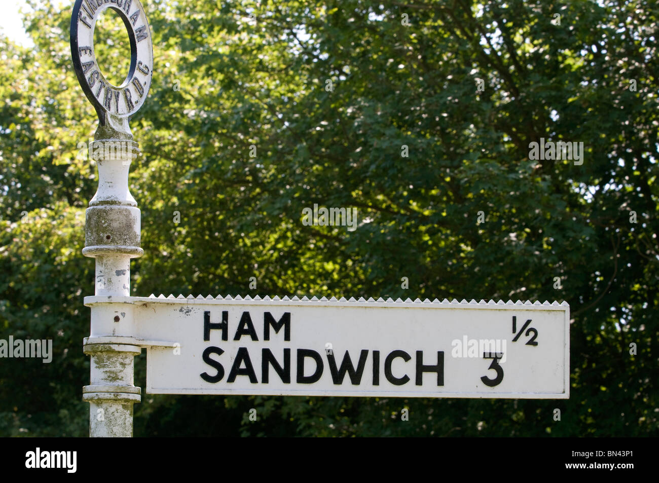 road sign kent for the village of Ham and town of Sandwich kent england