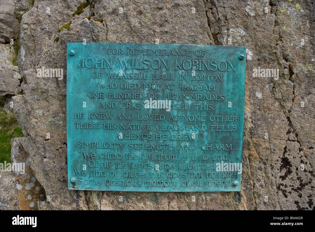 Plaque below Robinson's Cairn on the Lake District fell Pillar. Stock Photo
