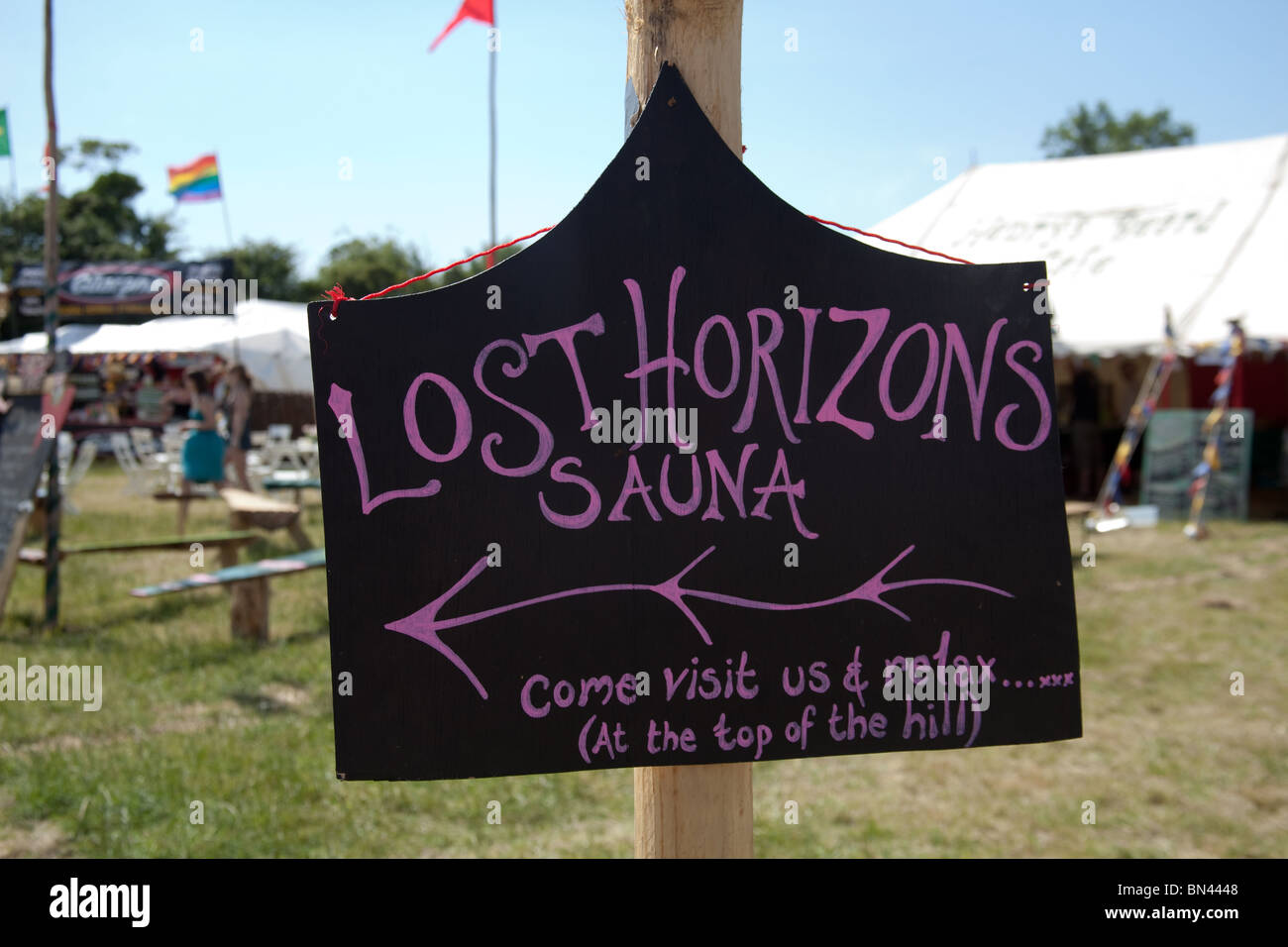 Lost Horizons Sauna sign at the Glastonbury Festival 2010 Stock Photo