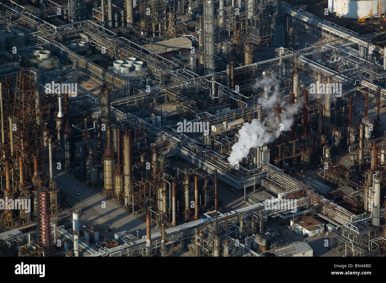 aerial view above Shell Oil Deer Park refinery along the Houston Ship Channel Texas Stock Photo