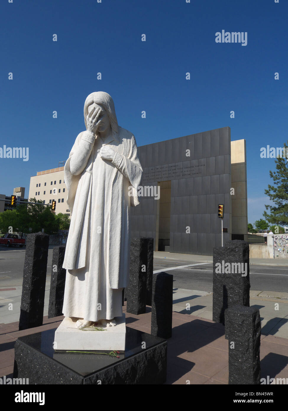 The sculpture entitled 'And Jesus Wept' adjacent to the Oklahoma City