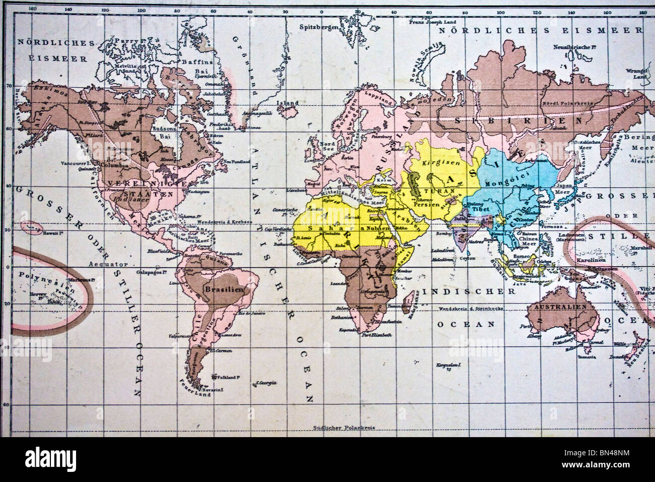 Map of the world. World map. Handmade in 1881 Stock Photo