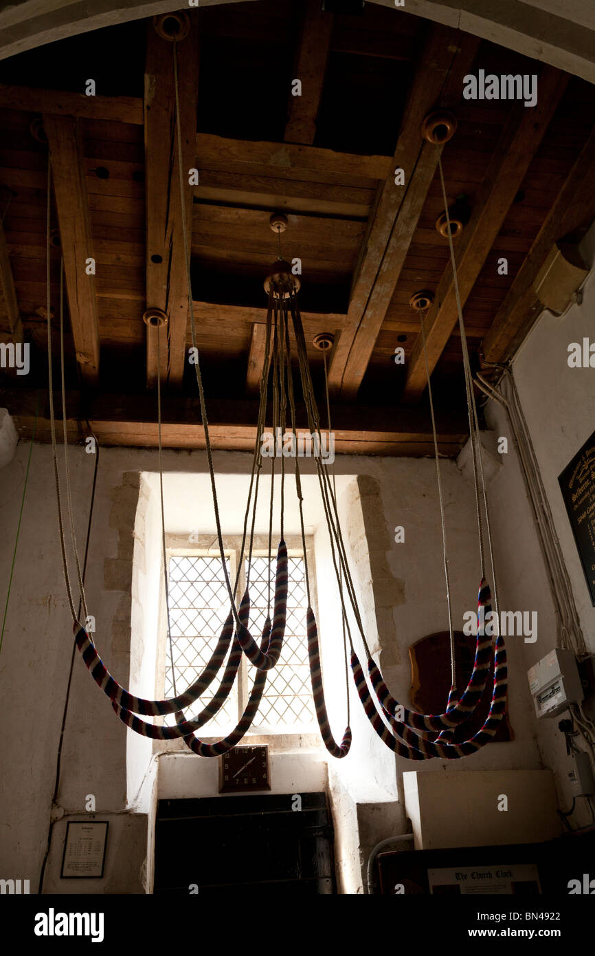 bell ropes at the bottom of the bell tower in St Mary's Church, Selborne Stock Photo