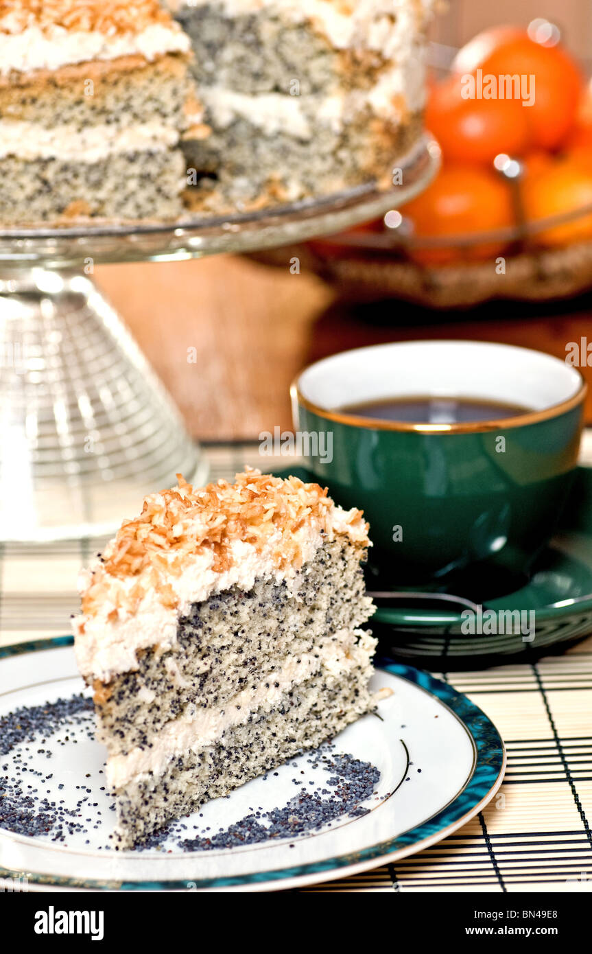 Slice of poppy seed Cake Stock Photo