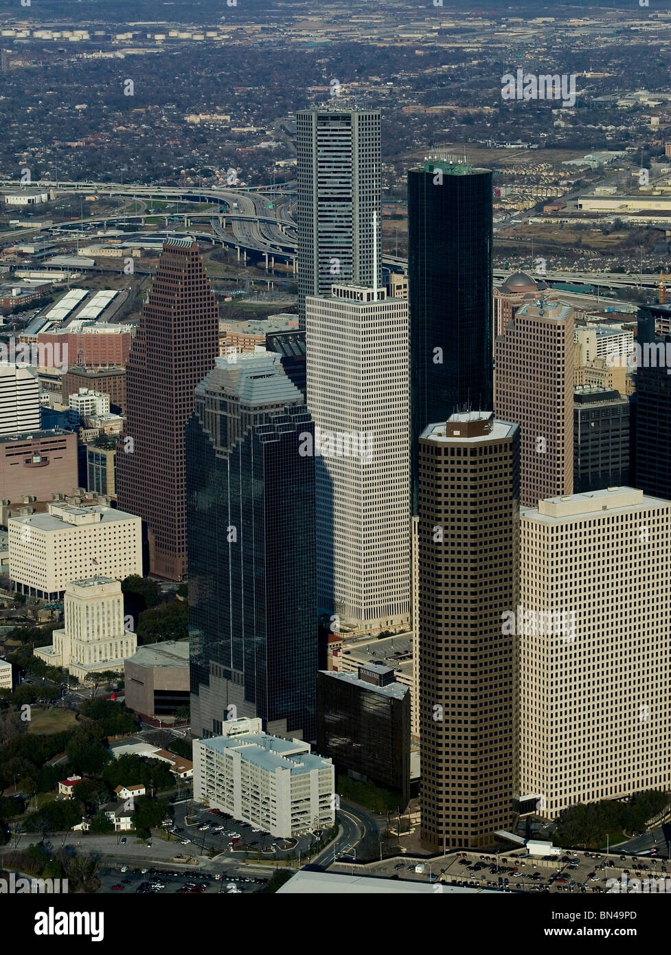 aerial view above financial district JP Morgan Chase tower Wells Fargo ...
