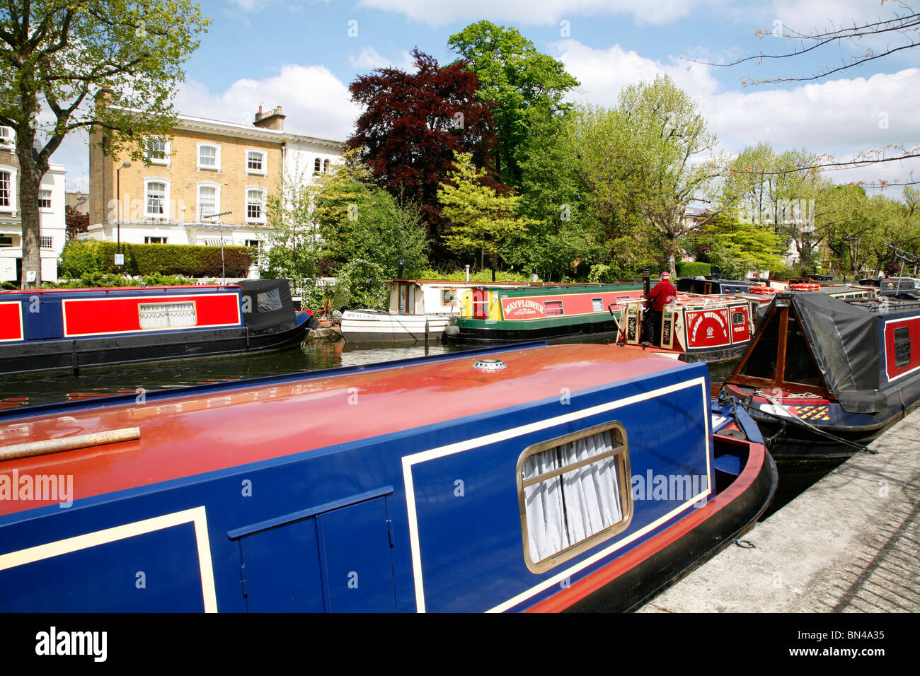 Boats moored on the Regent's Canal by Blomfield Road, Maida Vale, London, UK Stock Photo