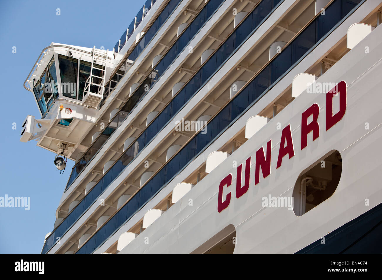 View of the Port Bridge wing and balconied cabins of the Cunard's