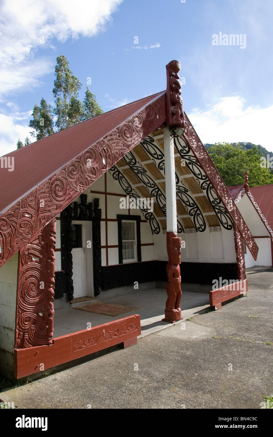 Maori meeting  house, Koriniti Marae, Wanganui River, North Island, New Zealand Stock Photo