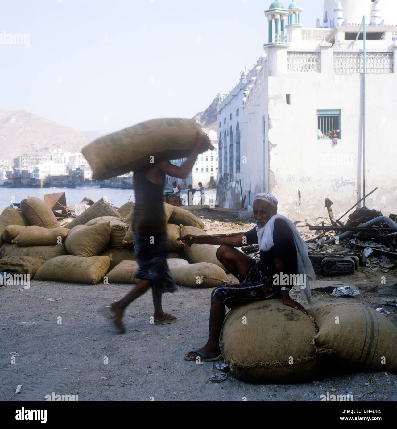 Traditional waterfront scene Mukalla Yemen Stock Photo