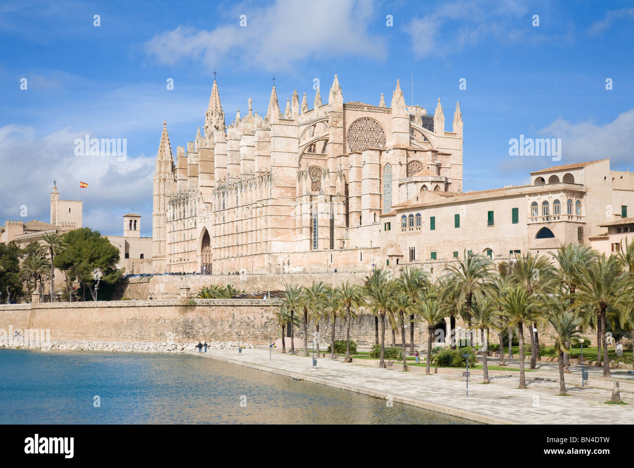 Palma de Mallorca; view over water feature; towars the cathedral La Seu; Stock Photo