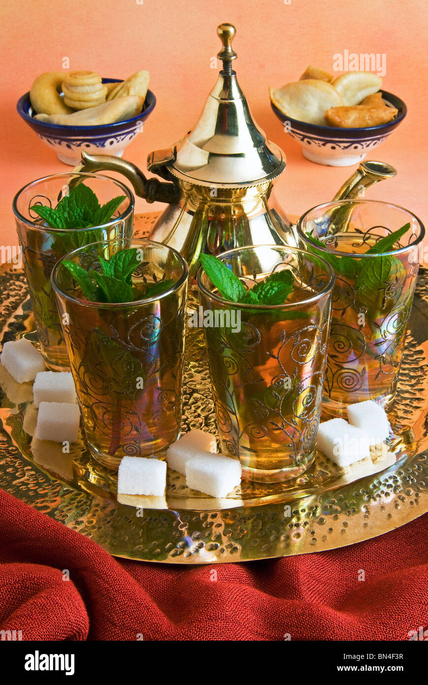 Mint tea and arabic biscuits, Arabic Countries, Arabic food Stock Photo