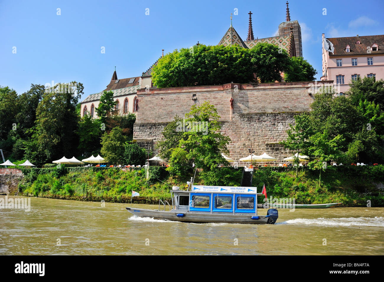 Water taxi on the river Rhine in Basel (Bale) Switzerland, below Basel  Munster (cathedral Stock Photo - Alamy