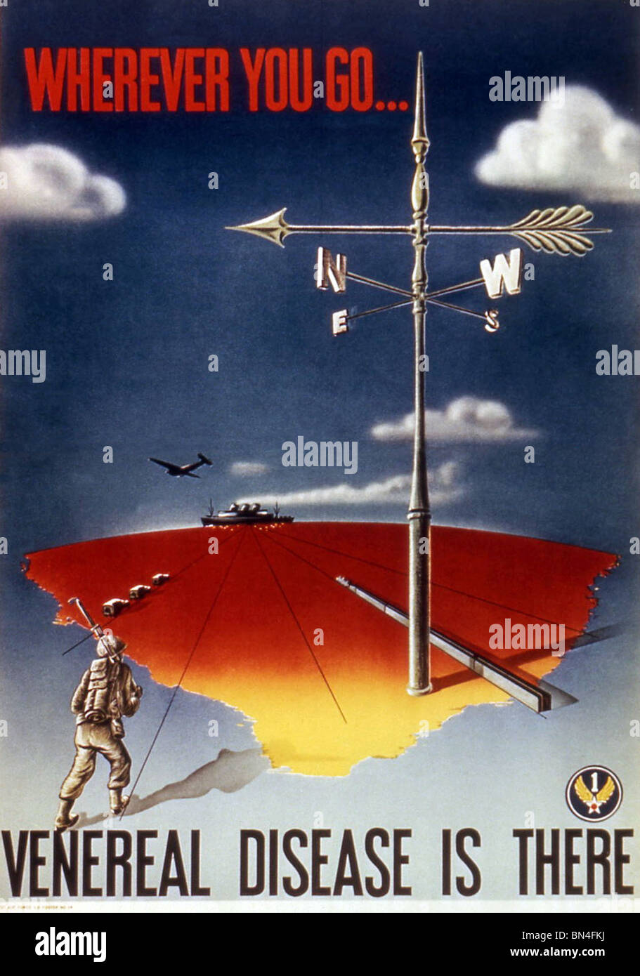 This United States Air Force poster to remind servicemen fighting in World War II that venereal disease can be found everywhere Stock Photo