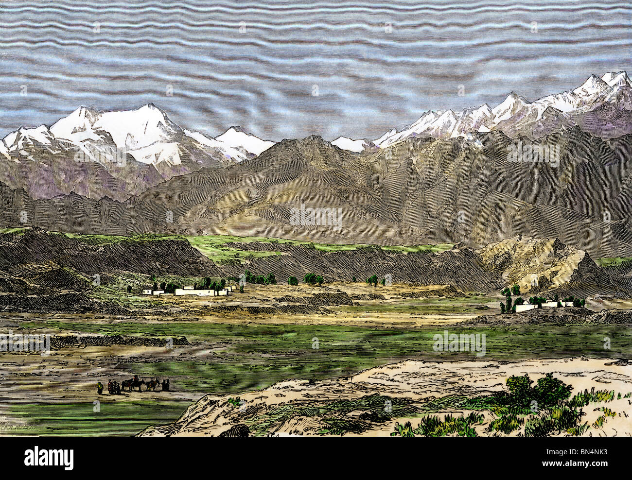 Travelers near the Pamir Mountains in Afghanistan, site of the ancient Silk Road. Hand-colored woodcut Stock Photo