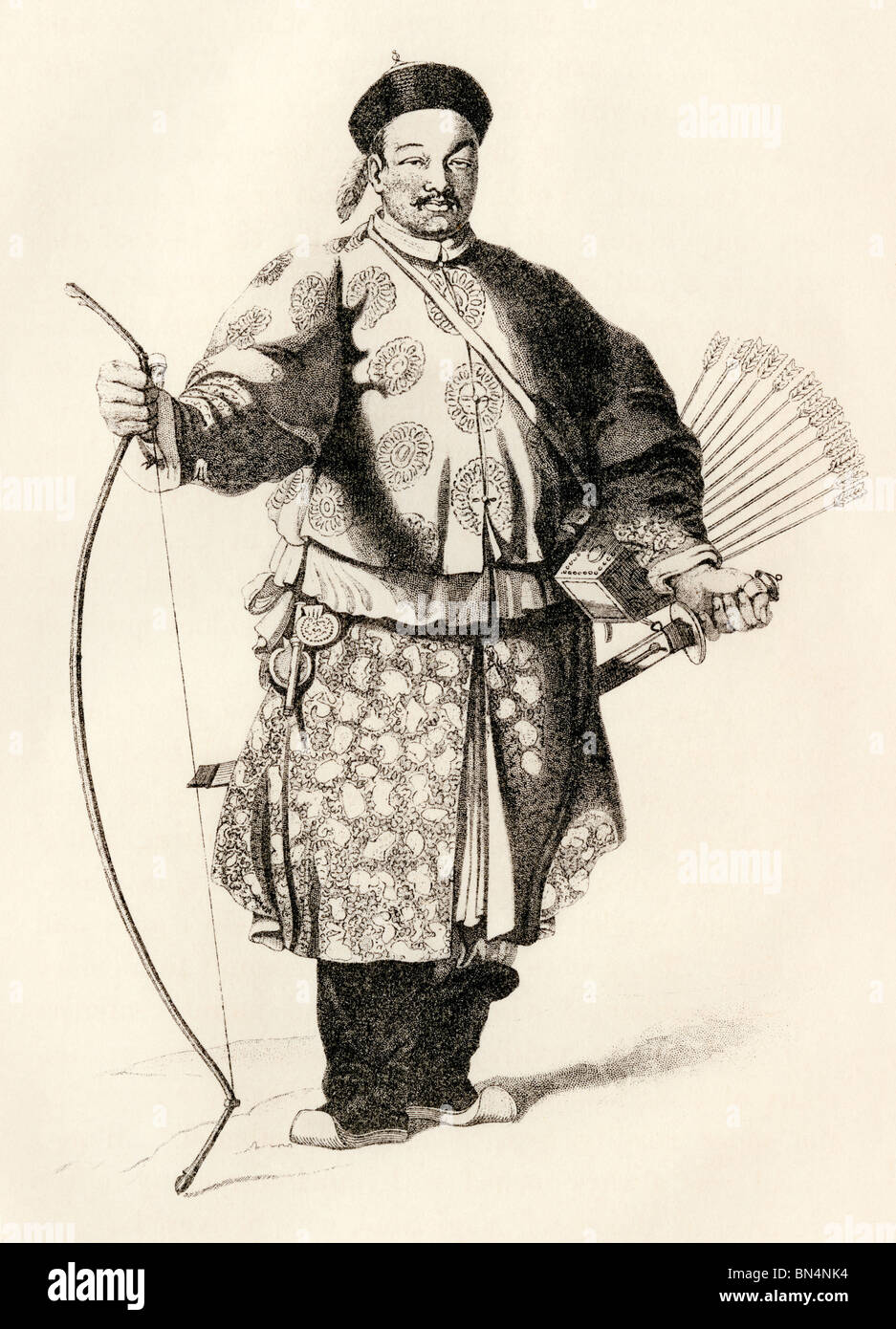 Archer in the Chinese army in traditional uniform, 1800s. Woodcut Stock Photo