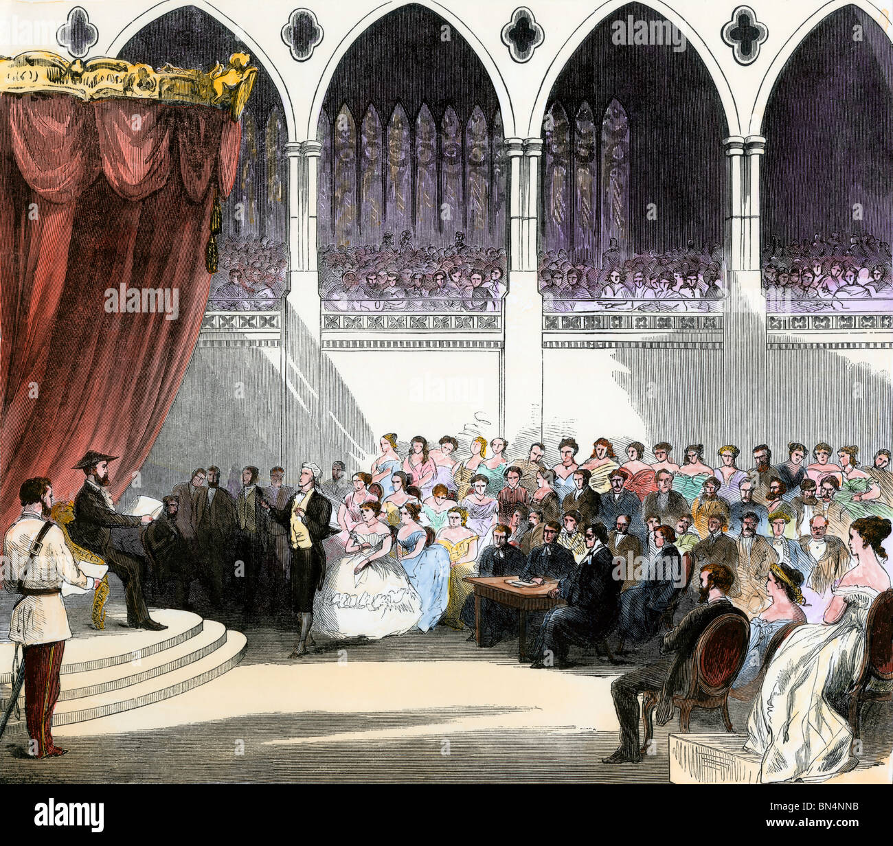 Opening of the first Parliament of the new Dominion of Canada, 1867. Hand-colored woodcut Stock Photo