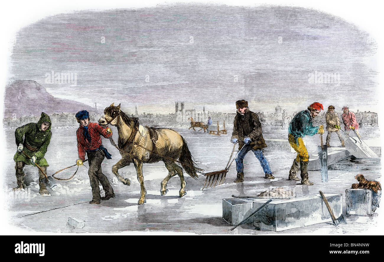 Sawing and harvesting ice on the St. Lawrence River, 1850s. Hand-colored woodcut Stock Photo