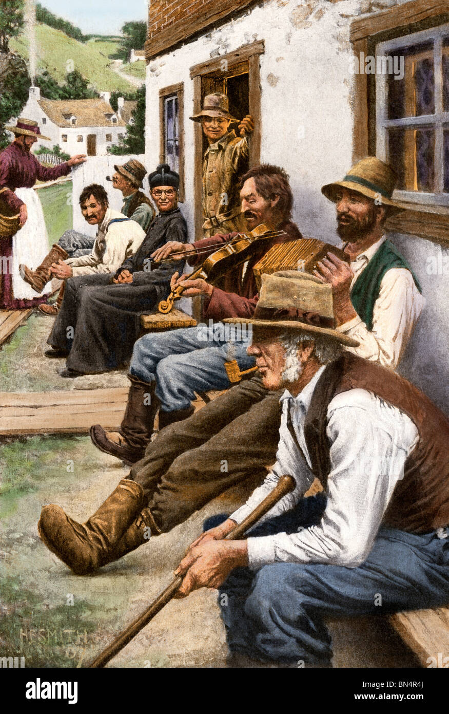 French-Canadian villagers enjoying impromptu music, circa 1900. Color halftone of an illustration Stock Photo