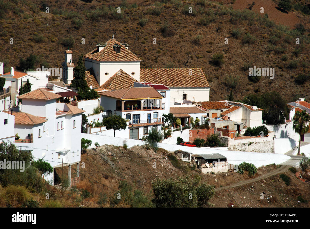 View of whitewashed village (pueblo blanco), Macharaviaya, Costa del Sol, Malaga Province, Andalucia, Spain, Western Europe. Stock Photo