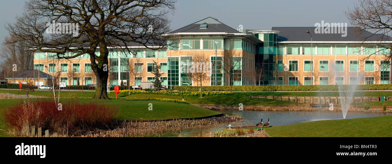 England, Cheshire, Stockport, Cheadle, Cheadle Royal Business Park, pond, panoramic Stock Photo