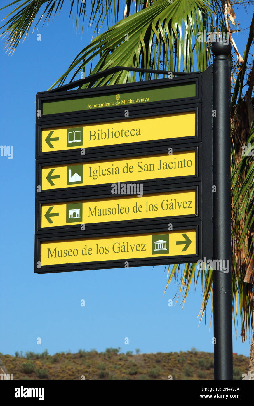 Street sign, whitewashed village (pueblo blanco), Macharaviaya, Costa del Sol, Malaga Province, Andalucia, Spain, Europe. Stock Photo