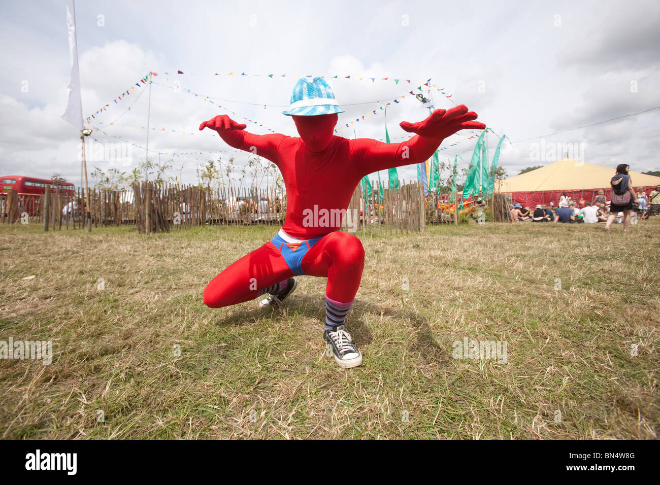 Fancy dress "super gimp" at the Glastonbury Festival 2010 Stock Photo