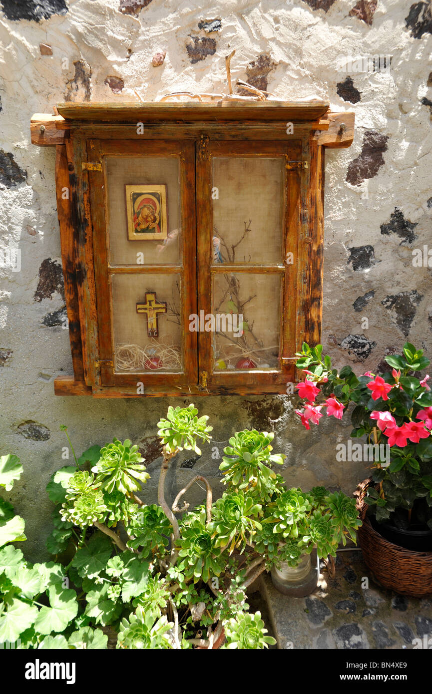 Display case with religious items on display Santorini Greece Stock Photo