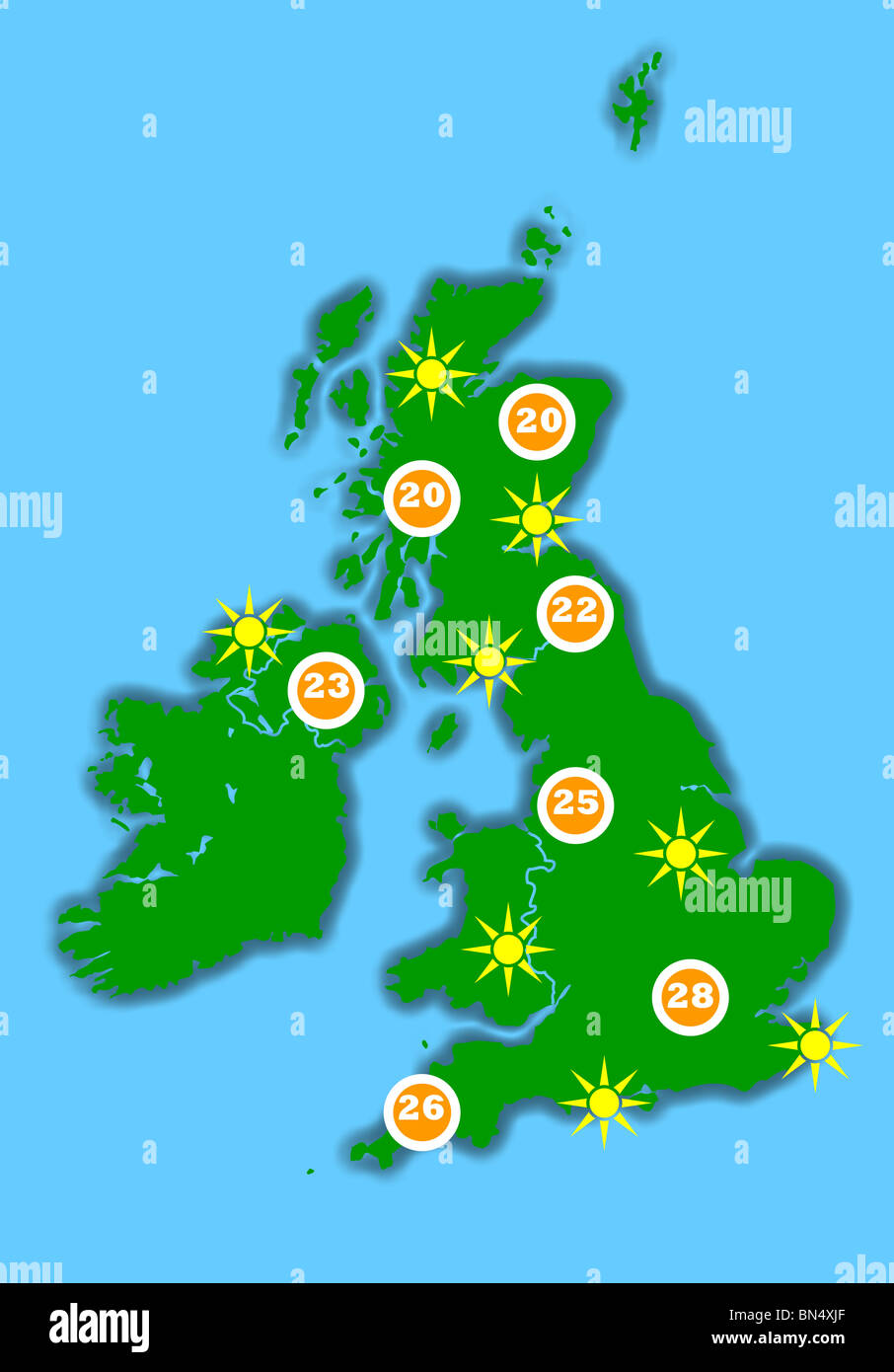 Hot United Kingdom weather map, isolated on blue background. Stock Photo