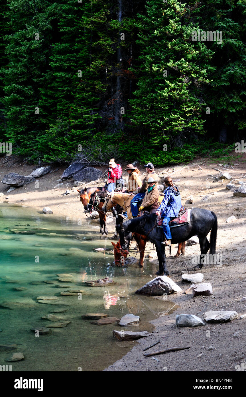 Trail riders water their horses by a lake. Banff National Park, Alberta, Canada. Stock Photo