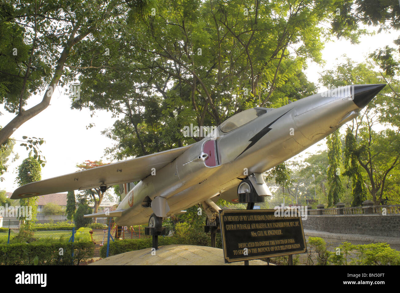 Gnat – Fighter aircraft, donated by Mrs Gul Engineer in garden outside ST. Mary’s Church, Pune, Maharashtra, INDIA. Stock Photo
