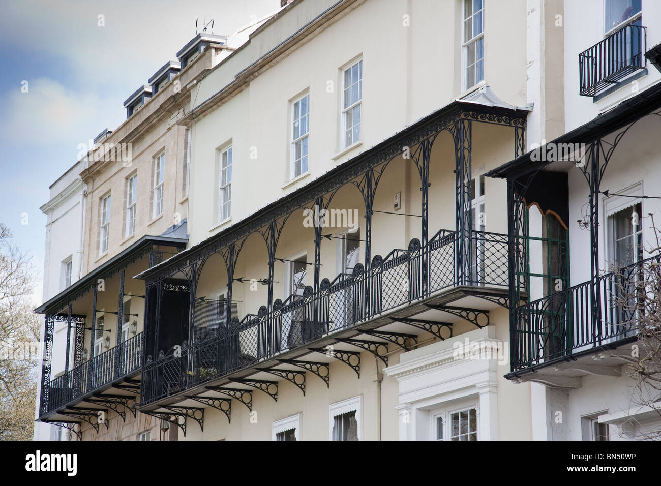 Terraced houses with canopied balconies in Clifton, Bristol