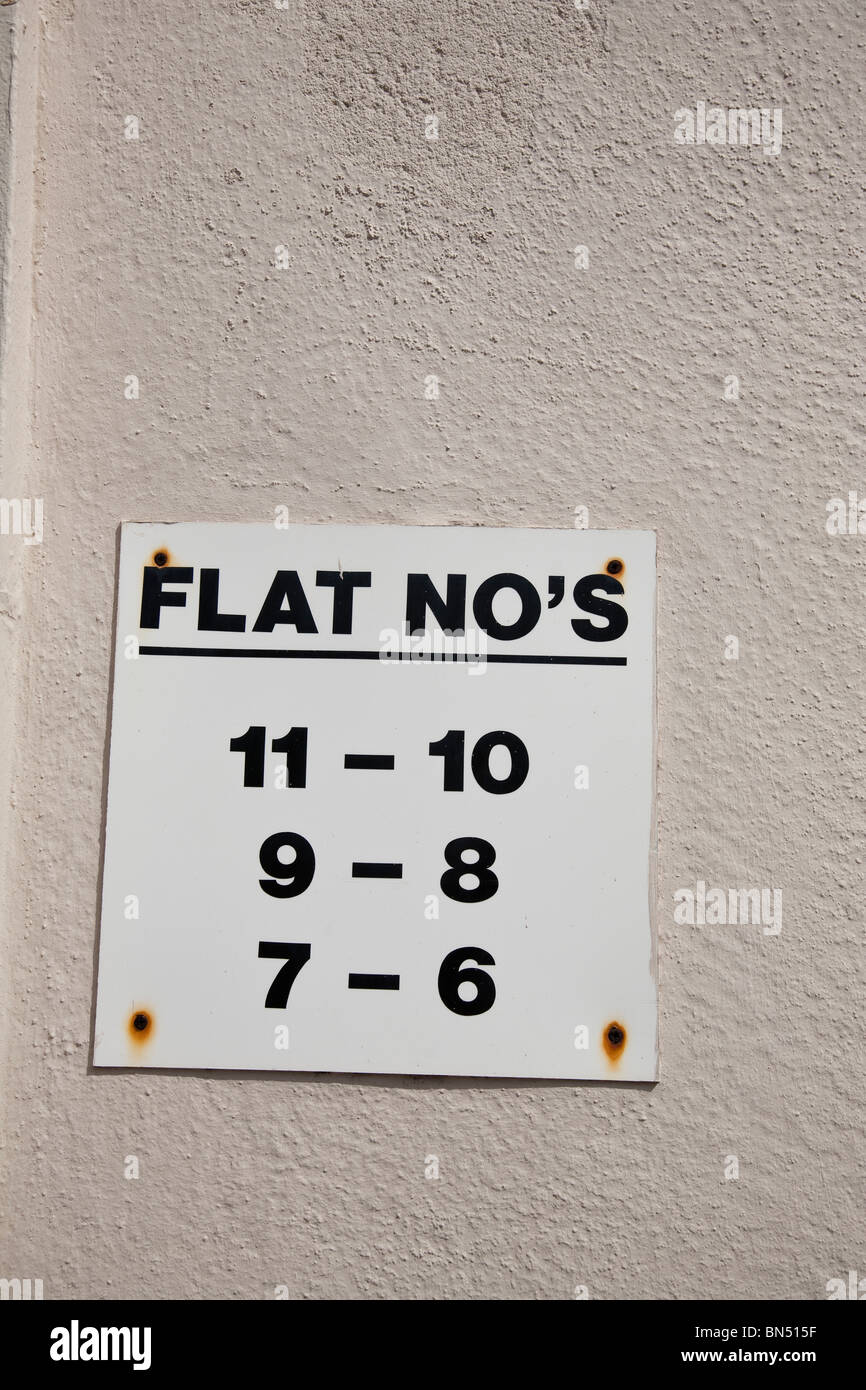 A notice displaying the flat (apartment) numbers contained within the attached building, Clifton